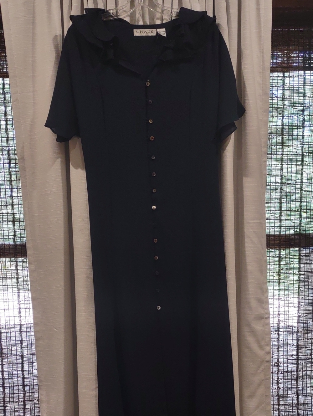 Chaus Navy button-down dress Short Sleeve tie in back Ruffle Summer Lightweight - Picture 3 of 16